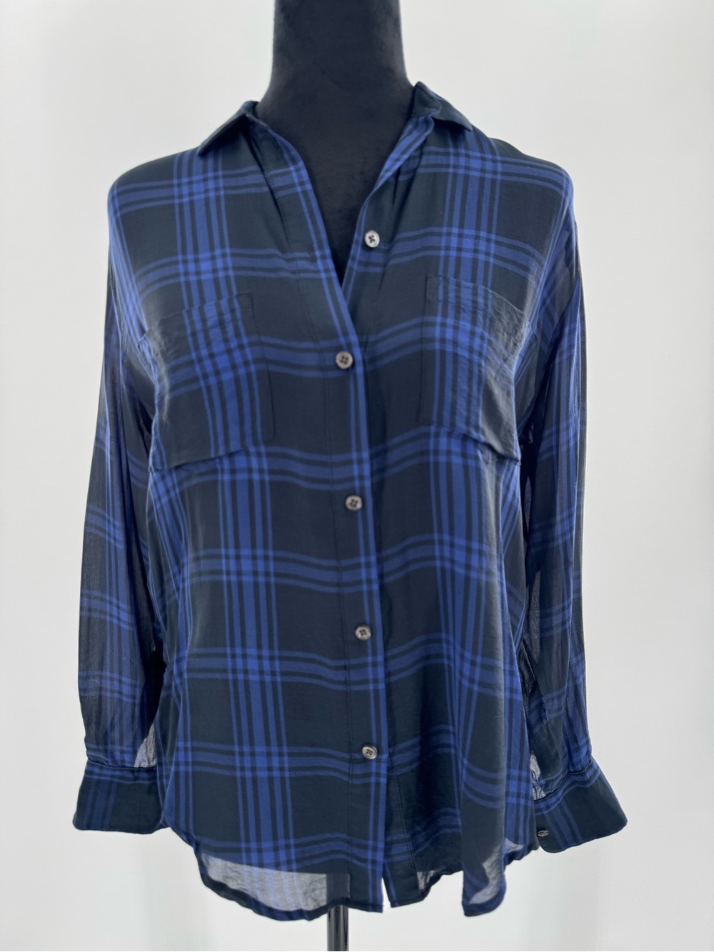 Madewell Silk Plaid High-Low Button Front Shirt Navy Blue XXS